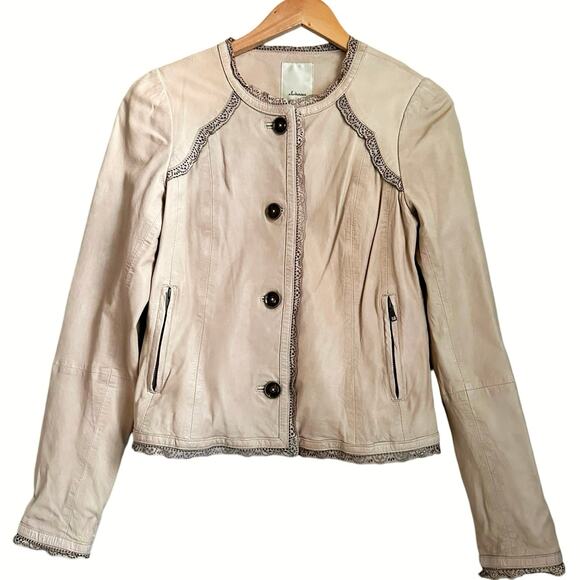 Anthropologie Elevenses Beige Leather Jacket Women’s 8 Peplum Lace Trim Lined - Picture 1 of 12
